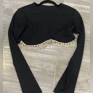 Never worn black long sleeve rhinestone fringe crop top